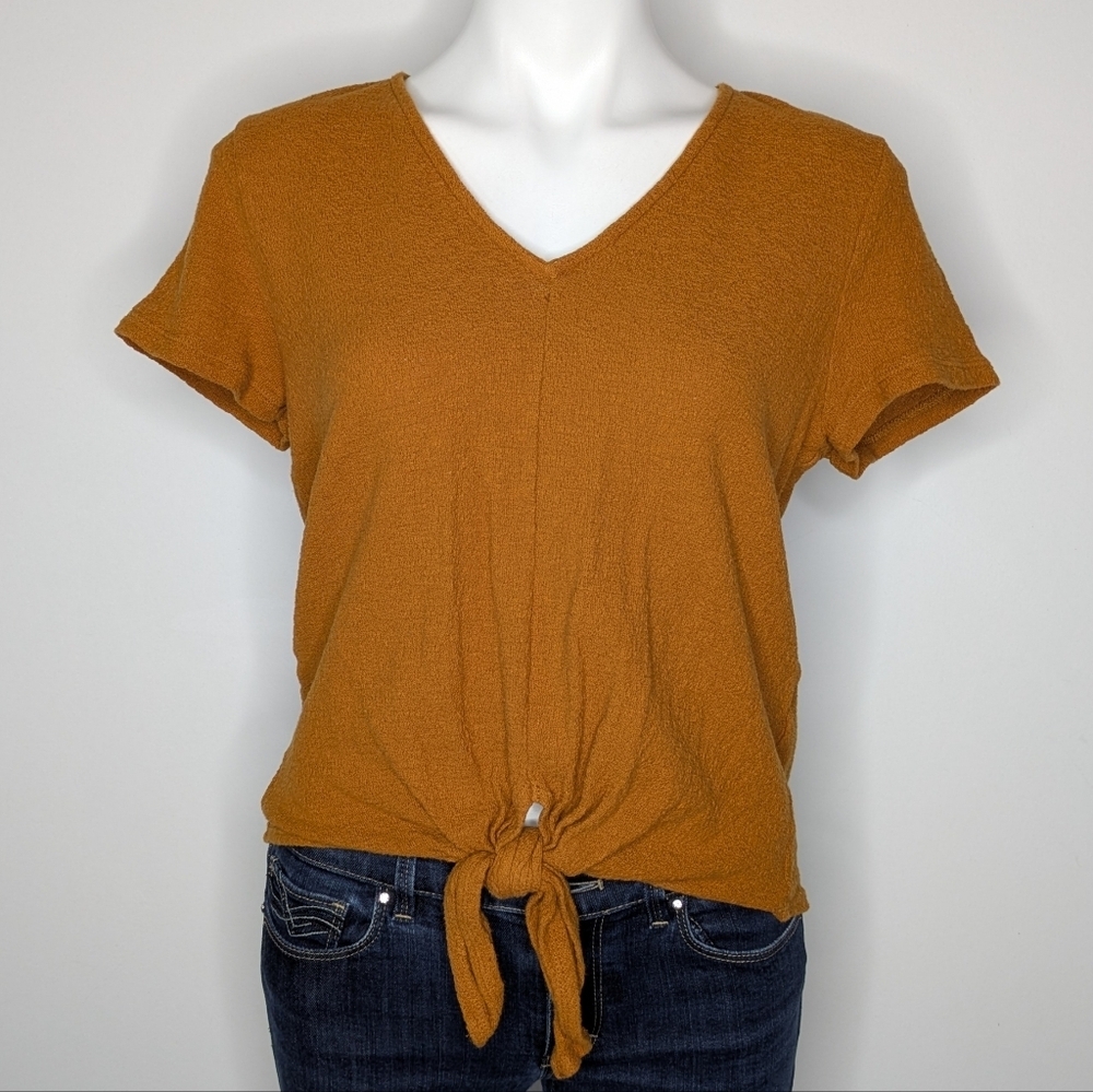 Madewell Texture & Thread Mustard Yellow Knit V Neck Tie Front Short Sleeve Top